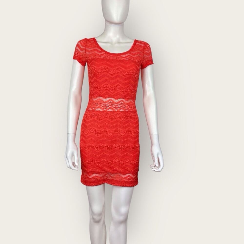 Free People Lace Mini Dress Body Con Red Orange Short Sleeved Size XS